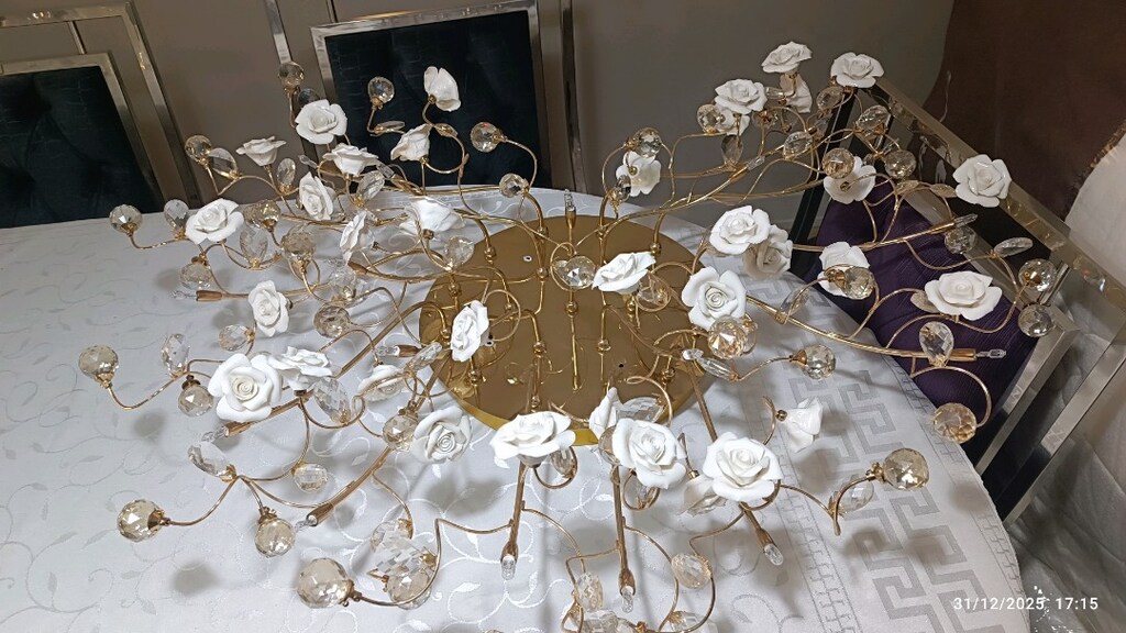 Altın Rengi Çiçek Detaylı Kristal Avize - 12