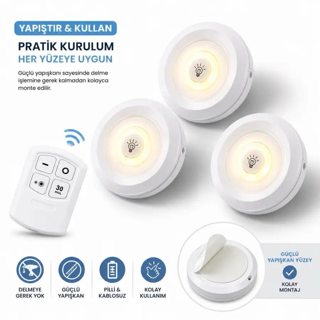 Uzaktan Kumandalı 3’lü Kablosuz LED Spot Işık – Pilli - 3