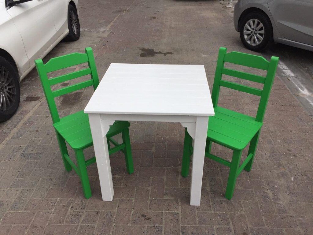 Renkli sandalye ahşap yeşil sandalye beyaz masa 2 li kare takım - 7