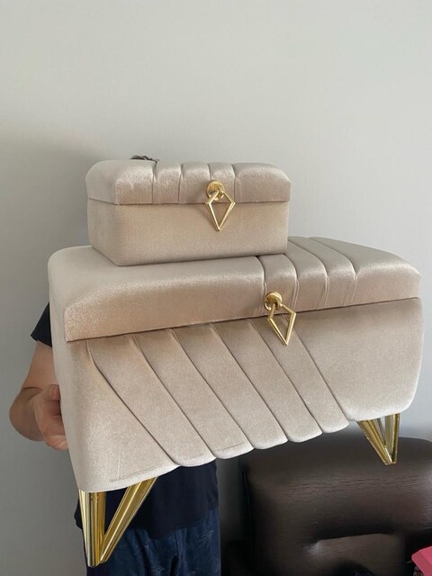 2'li Kadife Puf Çeyiz Sandığı + Takı Kutusu | 60x30 cm