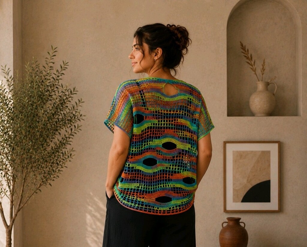 XL-2XL Renkli Bohem Ajurlu Oversize File Örgülü Triko Bluz Panço Kadın - 4