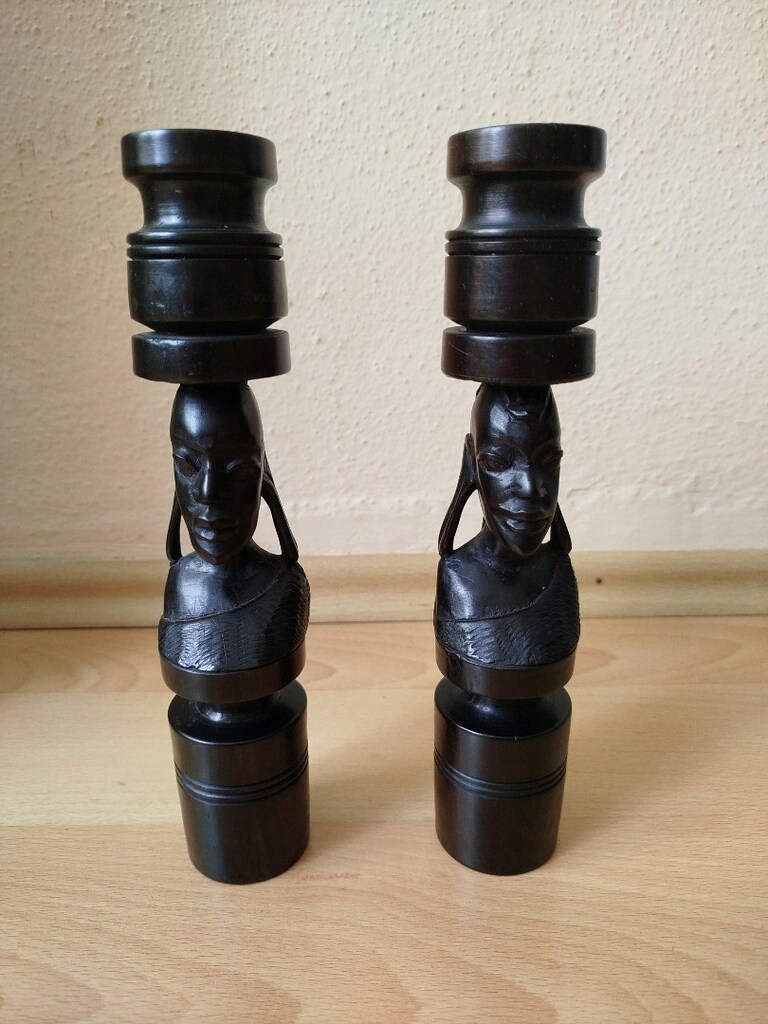 Antika El yapımı Ahşap Mumluk boy 25 cm Afrika'dan alındı iki adet - 3