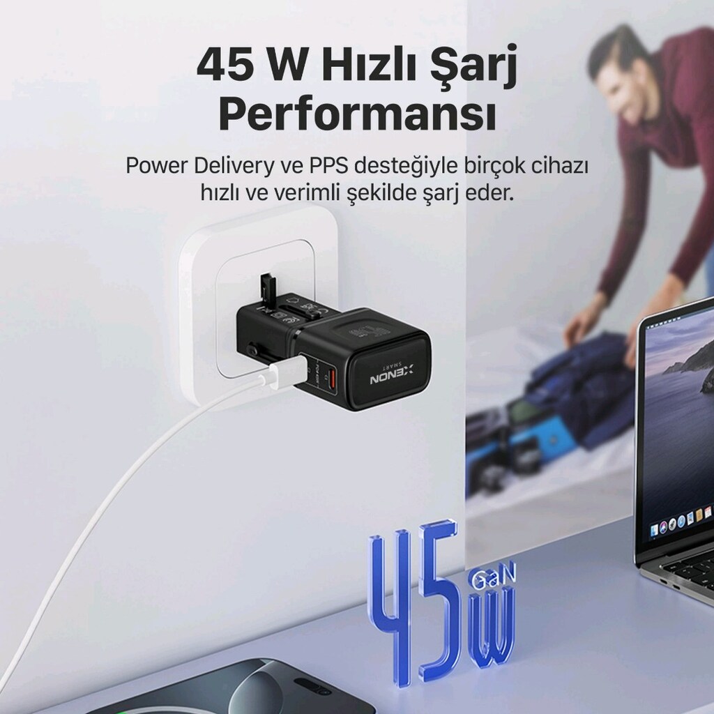 Xenon Smart Priz Dönüştürücü | 45W GaN Hızlı Şarj, 200+ Ülke - 5