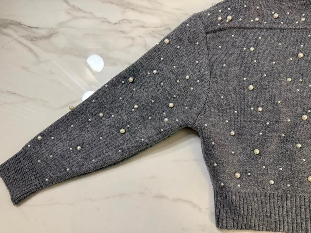İnci Detaylı Gri Triko Hırka - 3