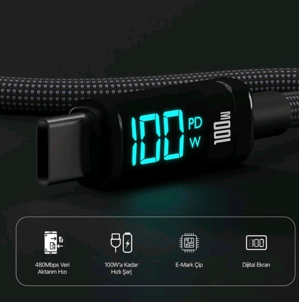 Bix Type-c To Type-c 100w 480mbps E-marker Çipli Led Dijital Ekranlı - 2