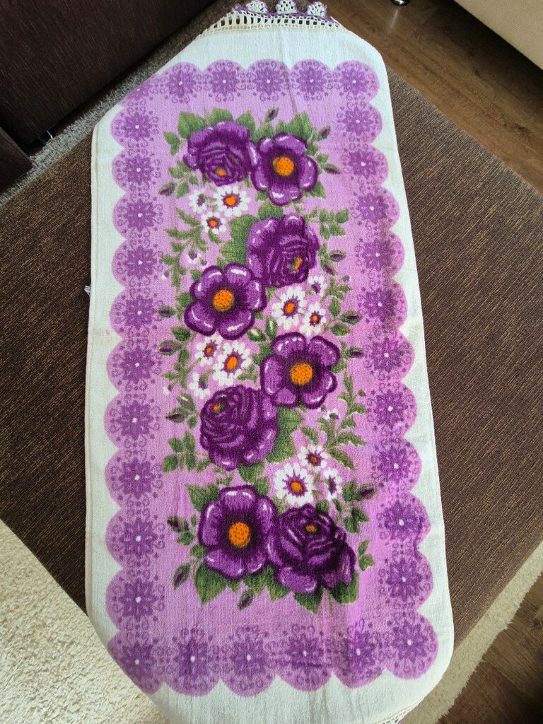 Antika Çeyizlik Dantelli Mor Çiçekli Desenli Havlu - 4