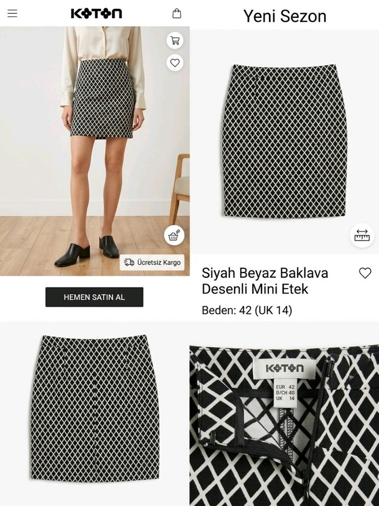 Koton Siyah Beyaz Baklava Desenli Mini Etek