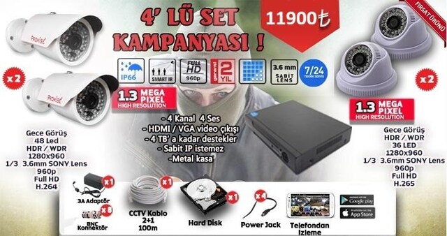 1.3MP AHD 4'lü Güvenlik Kamera sistemi