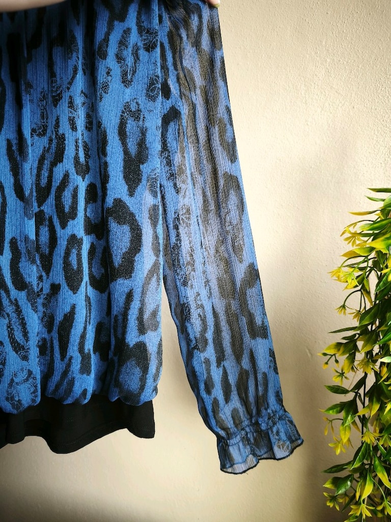 Saks Mavi Leopar Desenli Tül Detaylı Bluz 48 Beden - 7