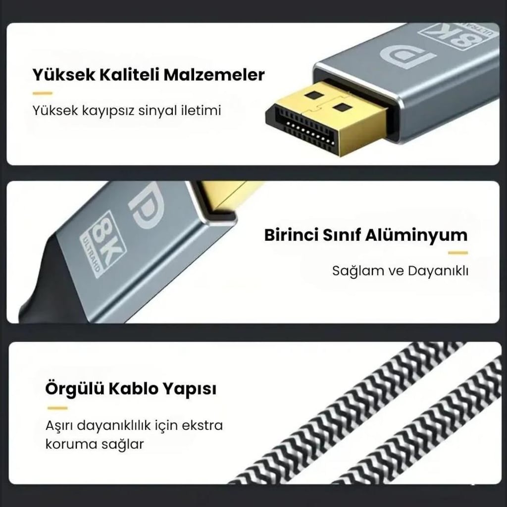 1.5 Metre 8K Çözünürlük Destekli DisplayPort 1.4 Görüntü Kablosu - 7