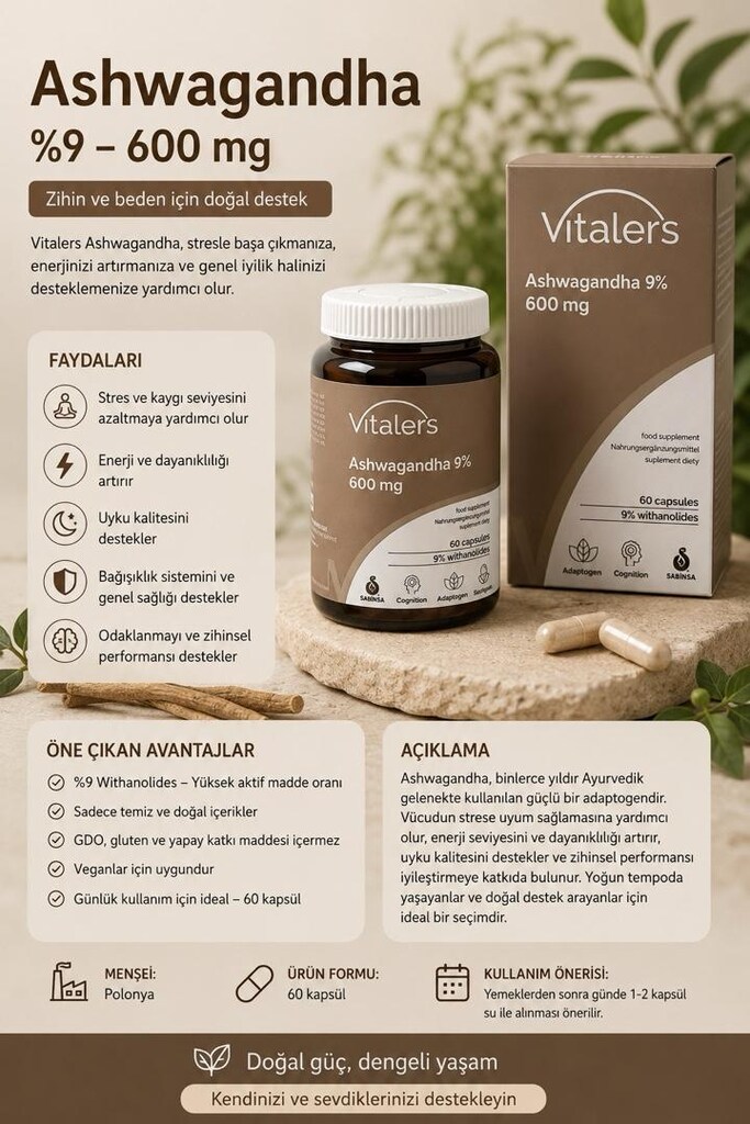 Vitalers Ashwagandha %9 600 mg - 60 Kapsül | Orijinal | Polonya Üretim
