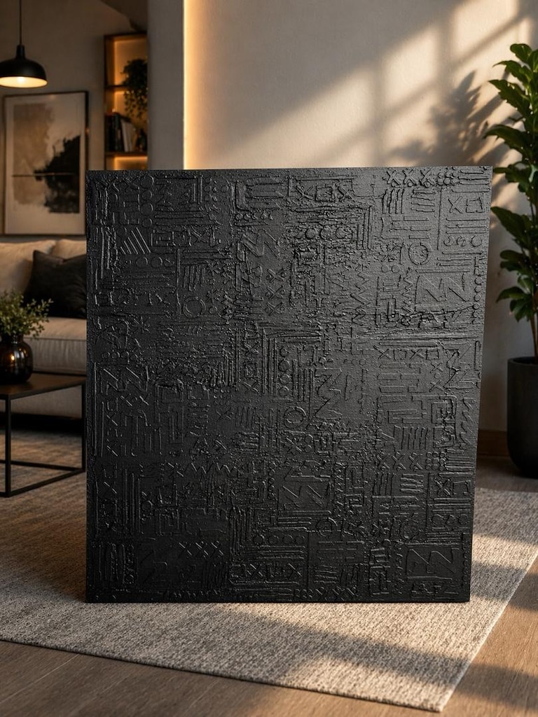 TABLO EL İŞÇİLİĞİ MDF ÜZERİ DOKULU KABARTMALI TEKNİK 80x100 SİYAH - 2