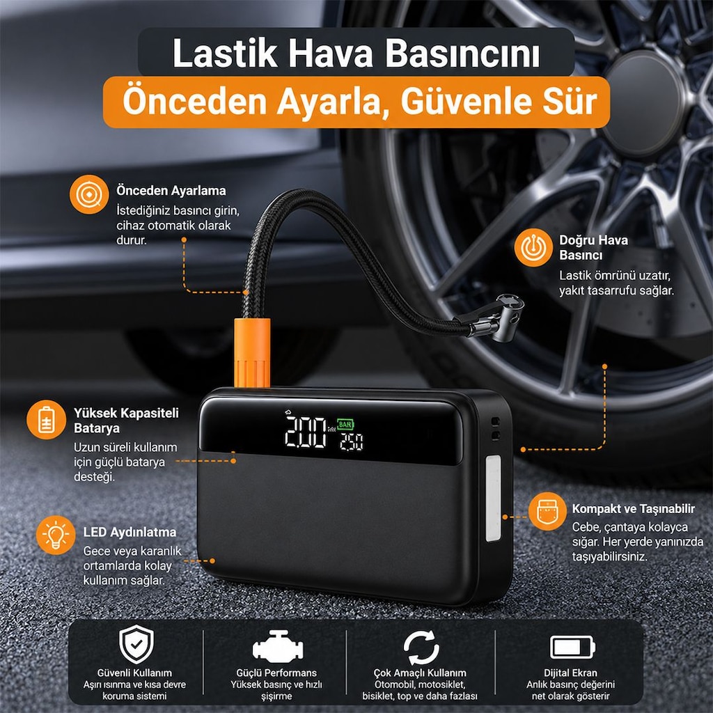 LASTİK HAVA KOMPRESÖRLÜ AKÜ TAKVİYE CİHAZI 65W FAST POWERBANK - 3