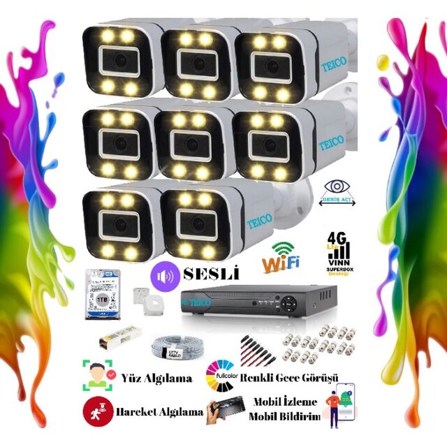 8 Kameralı 5 Mp WarmLed Renkli Sesli Güvenlik Kamera Seti Teico- 6805N