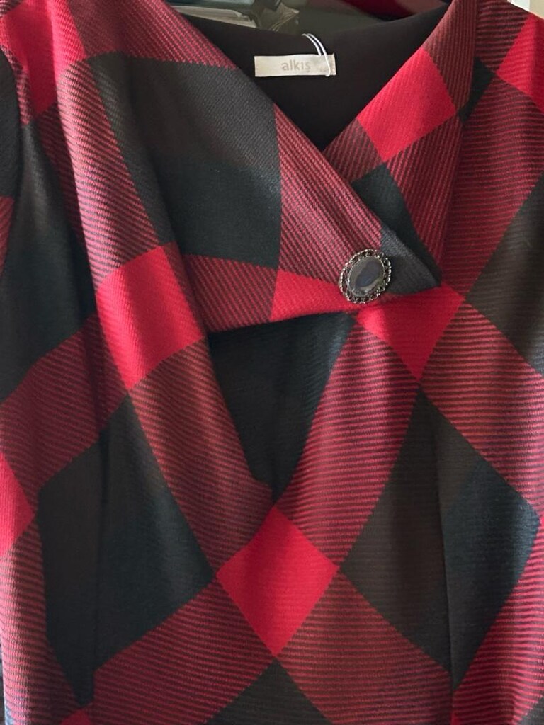 Kullanılmamış 44 beden dar kalıp bordo gri geometrik desen broşlu yaka - 4