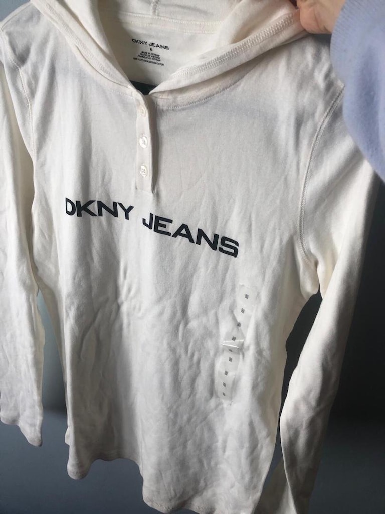Orijinal DKNY kapüşonlu ekru krem sweatshirt - 7