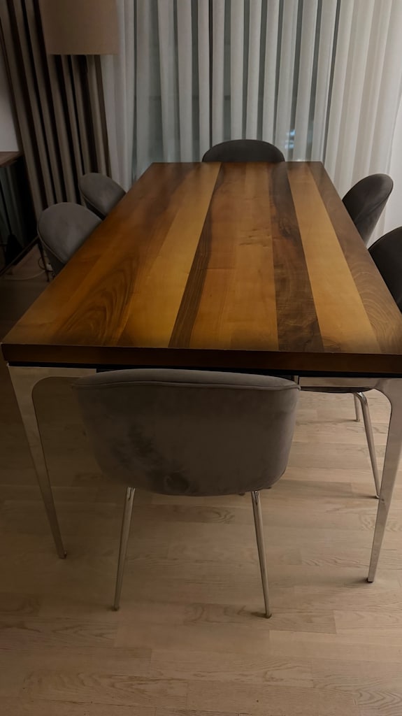 Ahşap Yemek Masası + 6 Gri Kadife Sandalye - 5