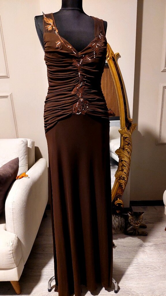 Koyu kahve likralı drape güpür tasarım abiye - 3