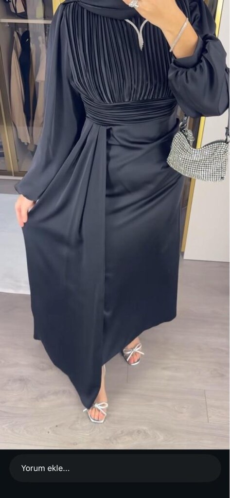 siyah saten tesettür elbise - 2
