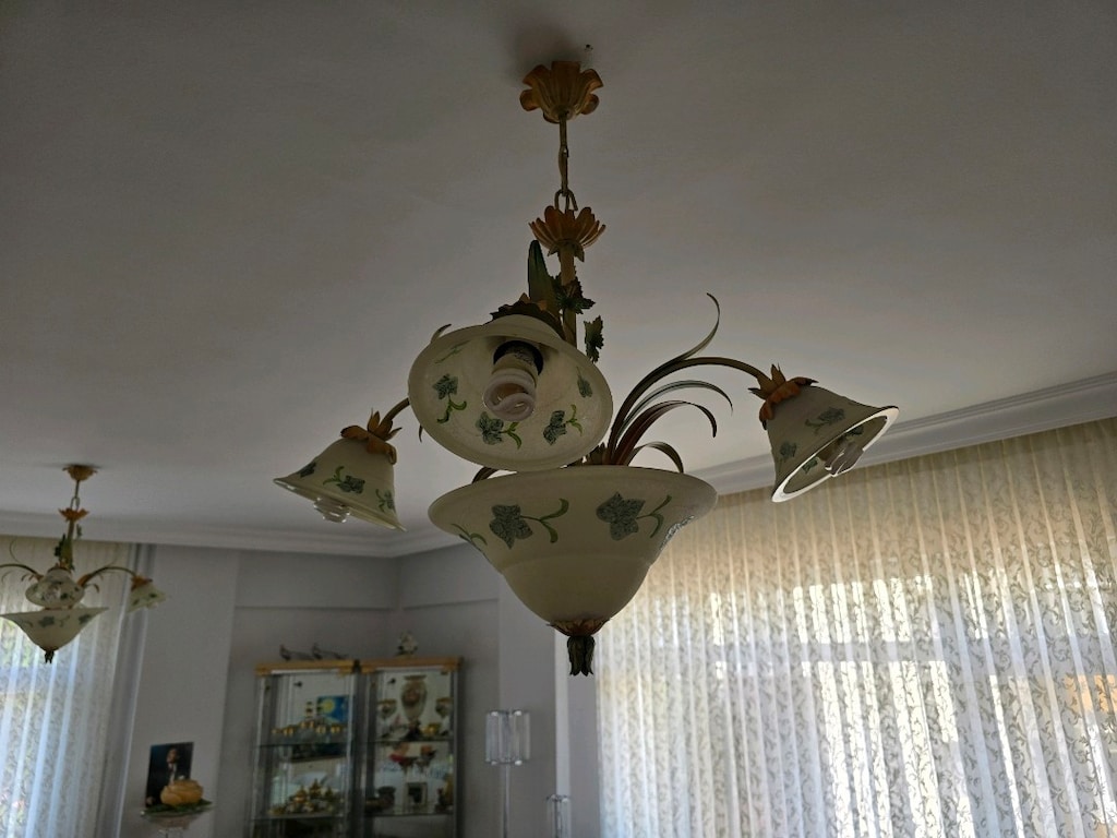 Vintage Çiçek Desenli 3 Parça Cam Avize Takımı - 5