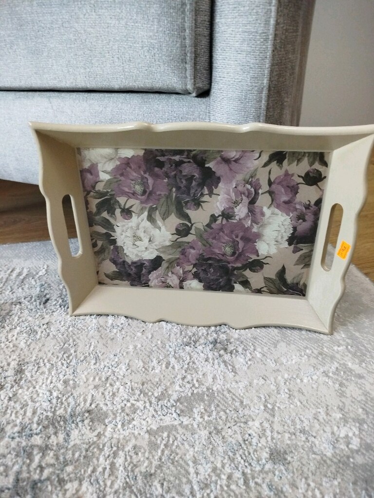Çok Şık Mor Çiçek Desenli Epoksi Kaplama Sunum Tepsisi - 3