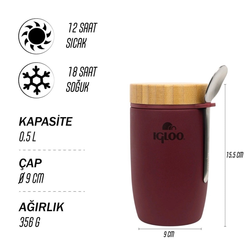 Igloo Bamboo Yemek Termosu 500ml-BORDO / SIFIR ÜRÜN - 2