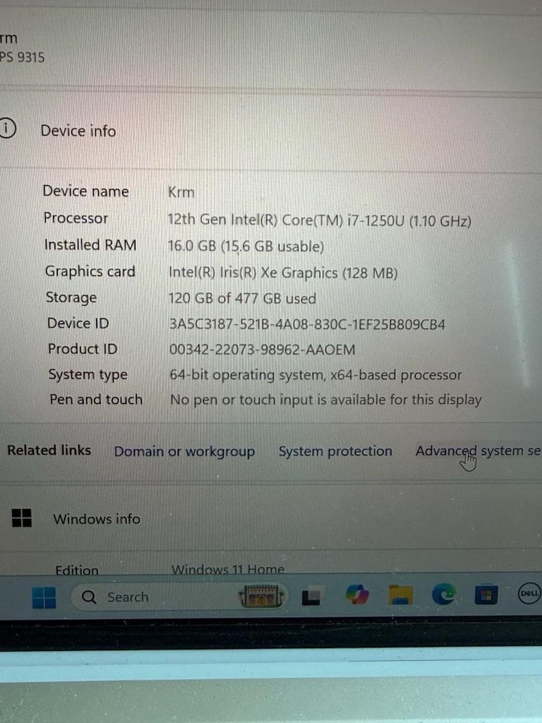 Dell XPS 9315 12 th Gen Intel (R) Core(TM) İ7 - 7