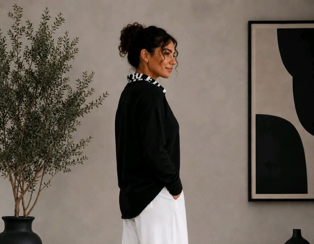 L Beden Modern Siyah-Beyaz Yazı Desenli Uzun Kollu Kadın Gömlek - 4