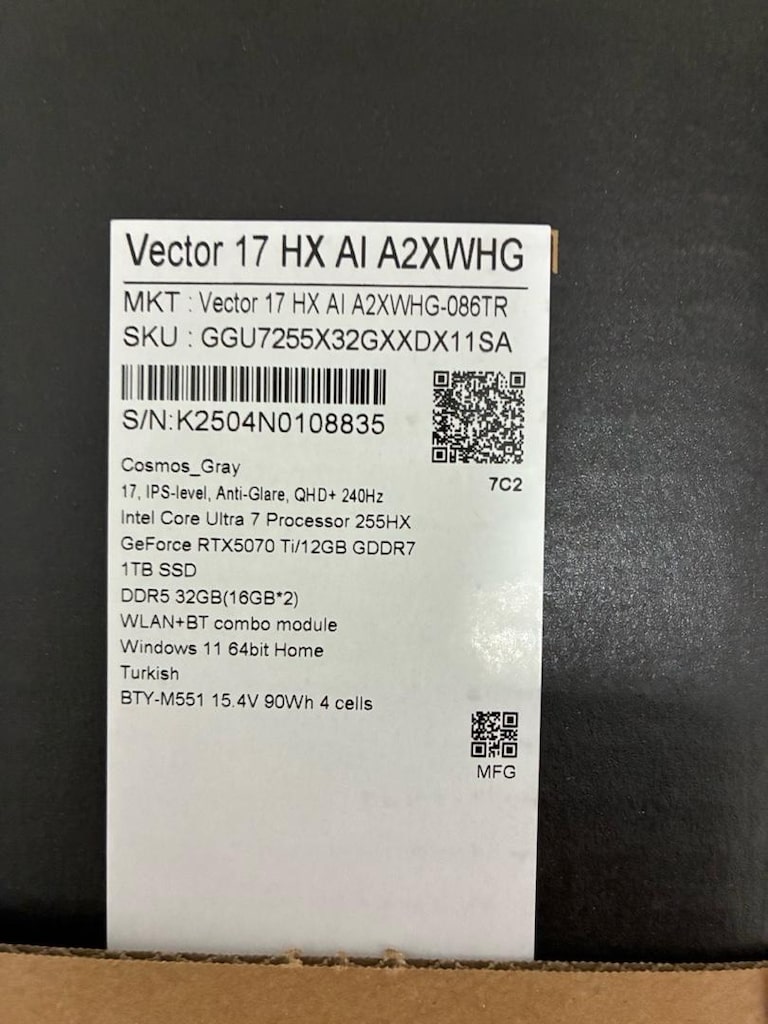 msi vectör 5070 ti -32gbram- 255hx işlemci - 3
