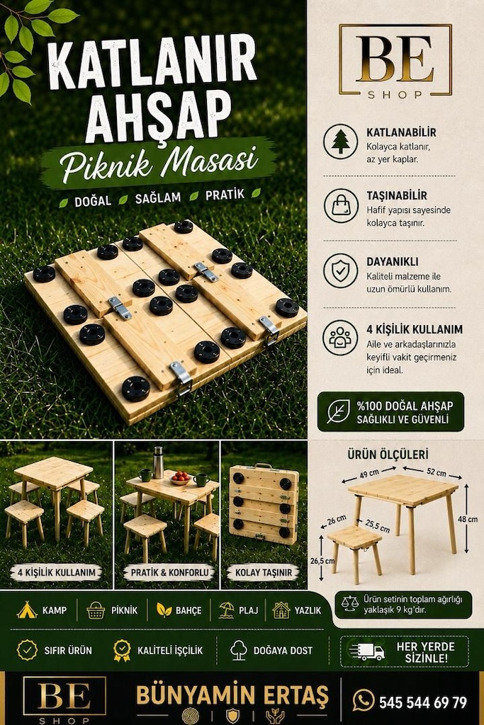 VALİZ TİPİ KAMPKATLANIR AHŞAP PİKNİK MASASI