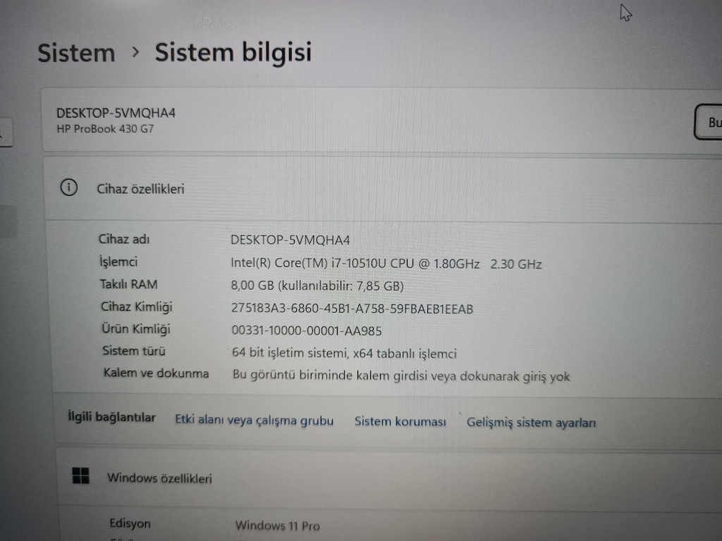 HP PROBOOK + İ7 10.NESİL + 8 GB RAM + 500 GB SSD+ KÜÇÜK EKRAN - 8