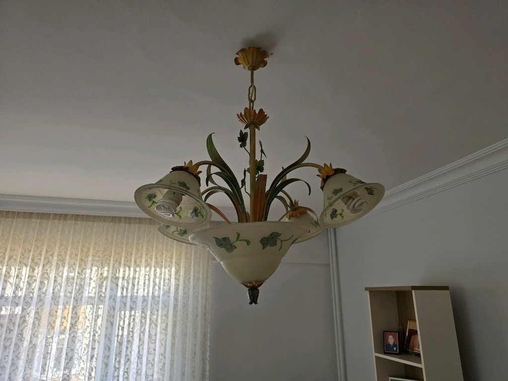 Vintage Çiçek Desenli 3 Parça Cam Avize Takımı - 4