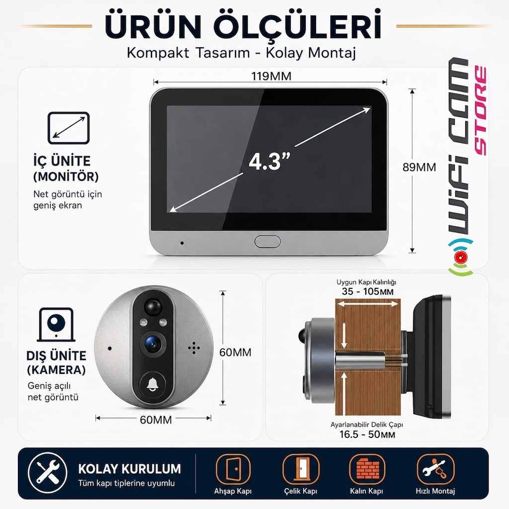 Tuya Smart Ekranlı Akıllı Kapı Dürbün Kamerası - 7