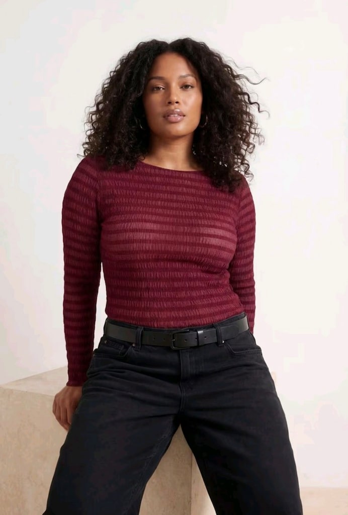Bordo Renkli Dokulu Tül Esnek Örme Büyük Beden Bluz 4XL / 48 - 3
