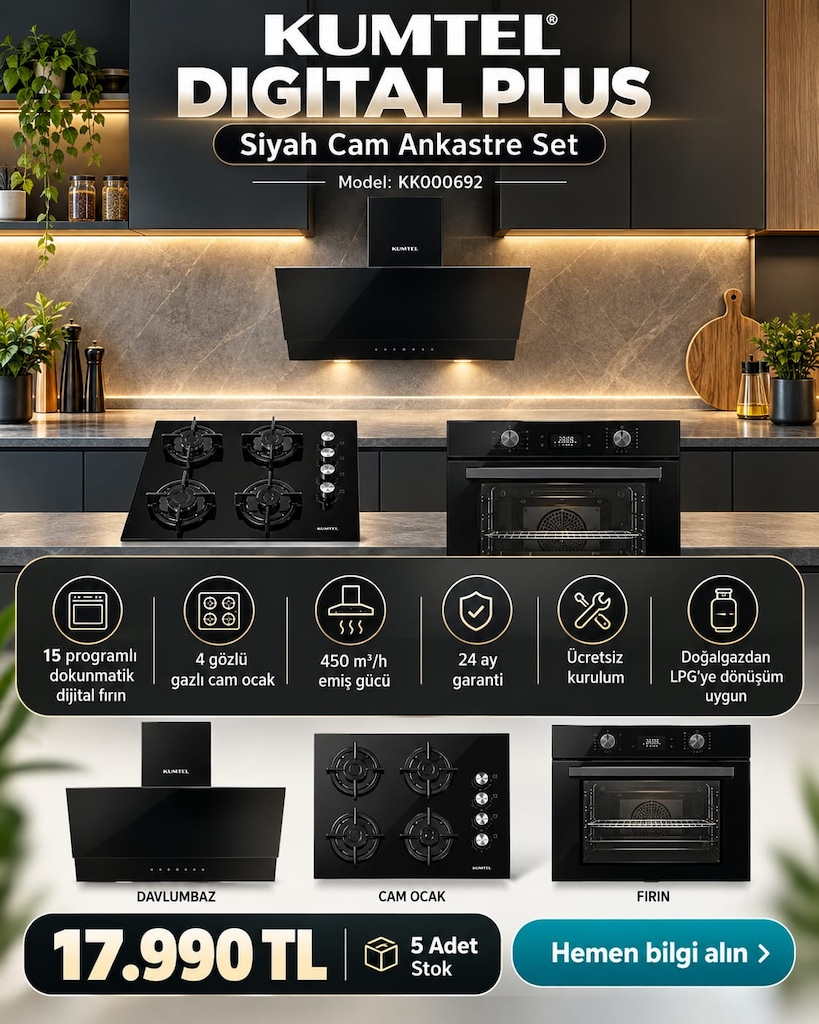 SIFIR 3’LÜ ANKASTRE SET | Fırın + Ocak + Davlumbaz | 3 Renk - 7