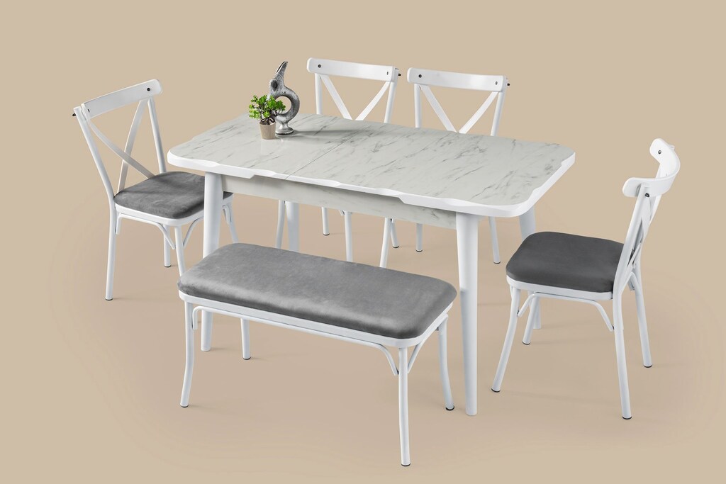 İkon Masa Sandalye Takımı - HighGloss Marmo/Beyaz - 2