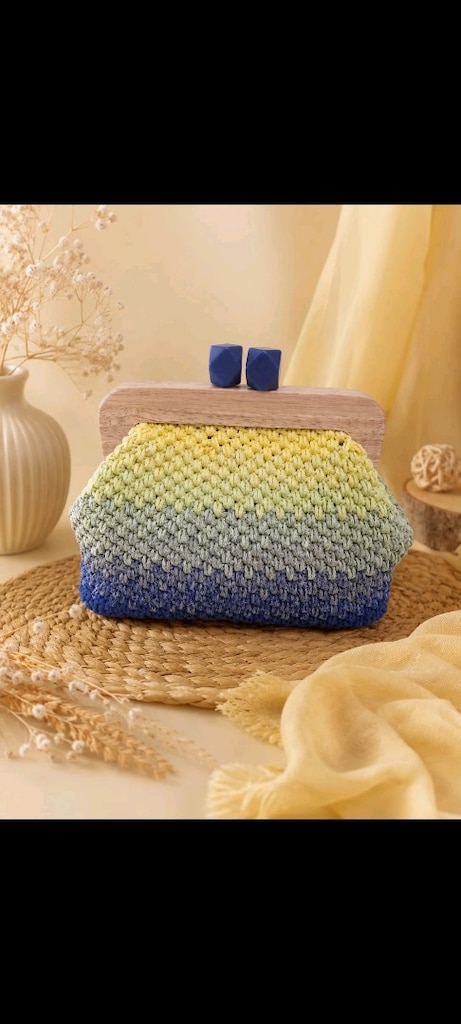 El Örgüsü ahşap burs kapamalı cotton makrome İp Clutch Çanta
