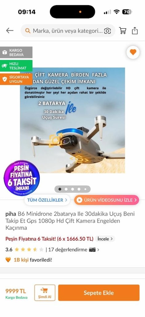 Piha B6 minidrone 2 bataryalı