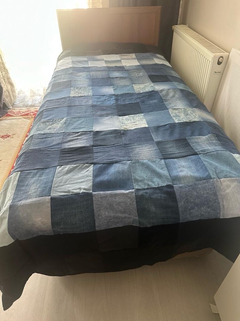 Paçwork tek kişilik yatak örtüsü 230-140 kot parçalardan el emeği - 3
