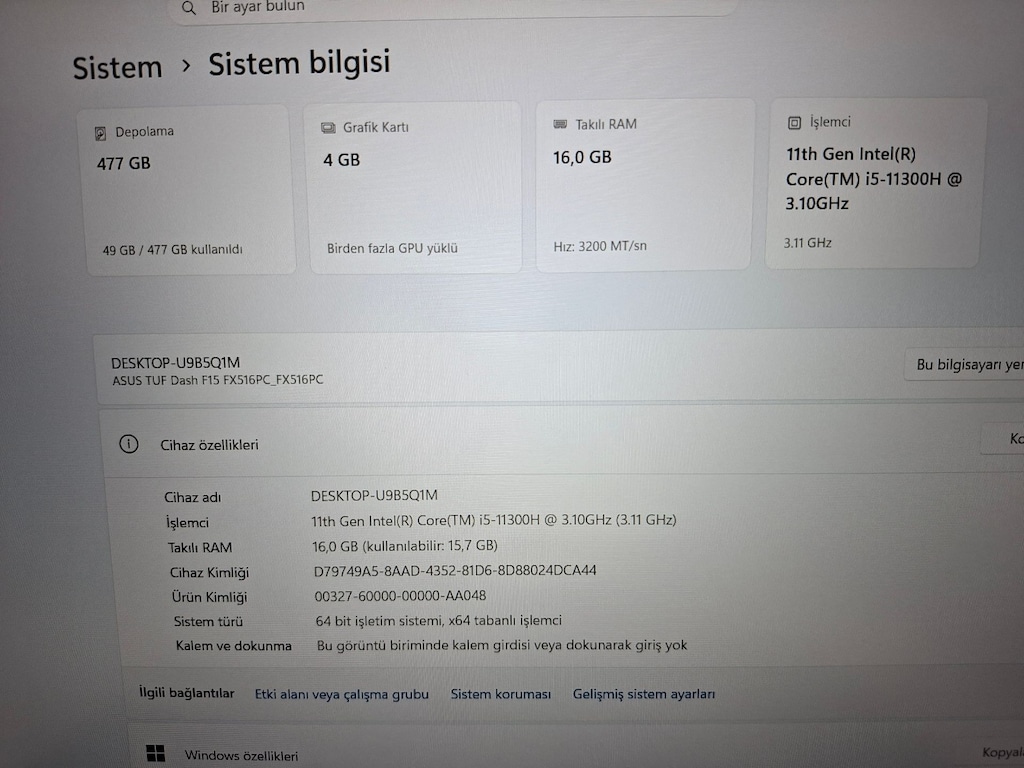 ASUS TUF DASH F15 INTEL I5 11300H 16GB DDR4 RAM 512GB M2 NVME SSD 3050 - 3