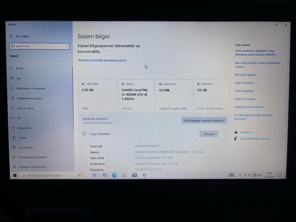 İŞLEMCİ i3-4000M, 120GB SSD DEPOLAMA CASPER NIRNAVA NB 15.6 - 2