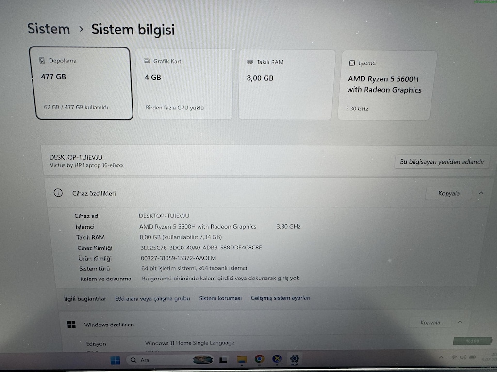 HP VİCTUS RYZEN 5 İŞLEMCİ 8 GB RAM 512 M2SSD RTX 3050 Tİ - 7