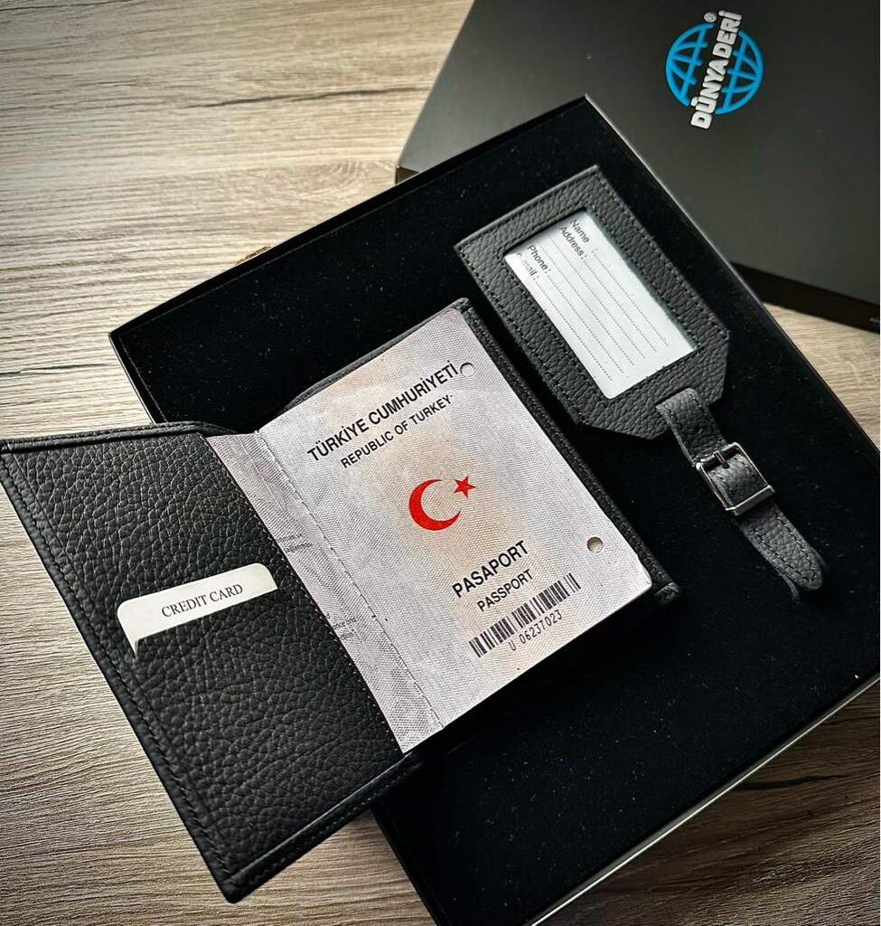 Deri Pasaport Kılıfı, Deri Pasaport Kabı Cüzdanı Bagaj Etiket 2’li Set - 9