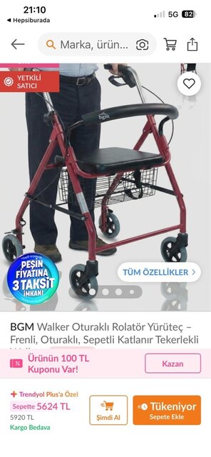 BGM walker oturaklı rolatör yürütec frenli oturaklı sepetli katlanır