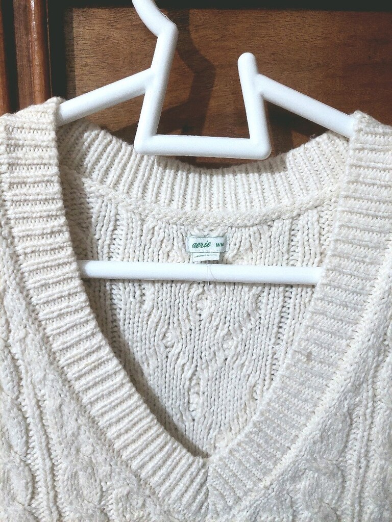 Aerie Saç örgü model V yaka ekru süveter - 5