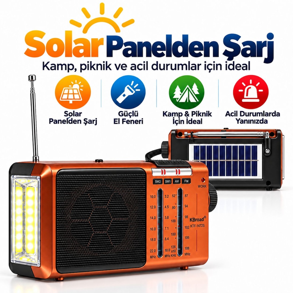 KTF-1472S Solar Şarjlı 4 Band Radyo FM AM SW1 SW2 El Fenerli - 2