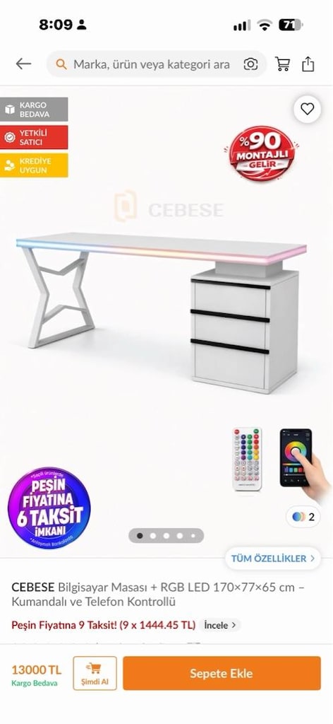 CEBESE Bilgisayar Masası + RGB LED 170×77×65 cm - Kumandalı ve Telefon - 7