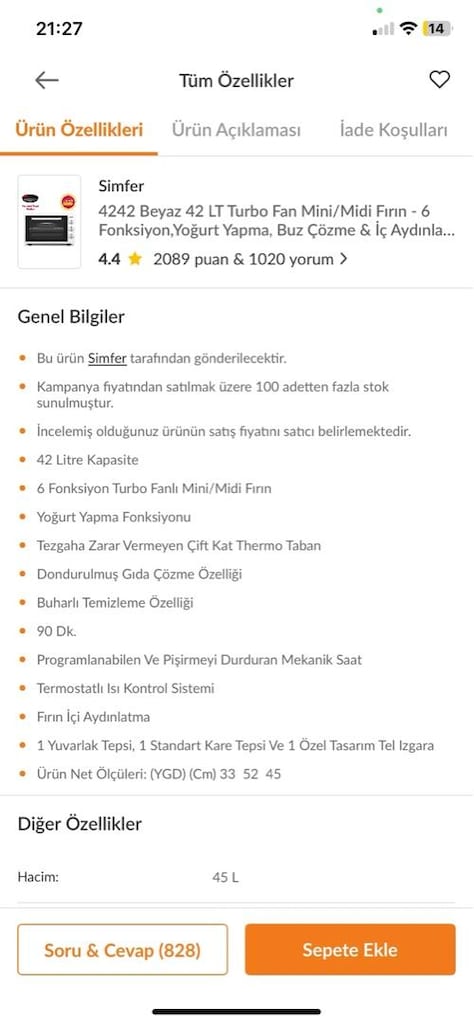 Simfer 4242 42 Litre Turbo Fanlı Mini/Midi Fırın - 4