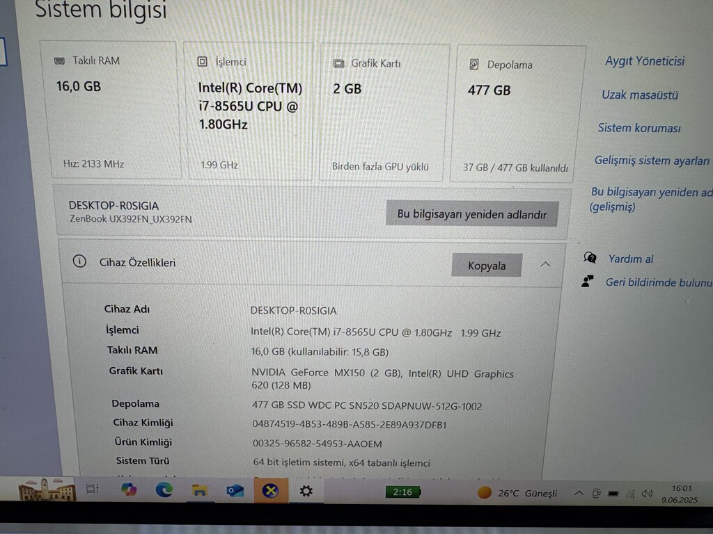 ASUS ZENBOOK İ7 8. NESİL 16 GB RAM 512 M2SSD MX150 - 5