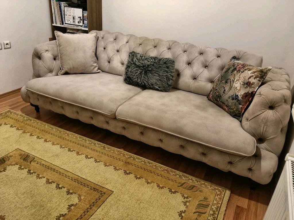 Çok Temiz Krem Renk Chesterfield / Chester Üçlü Koltuk - 2